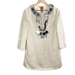 Tory Burch Linen Blend Embellished Gem Rhinestone Beaded Sequin Tunic Dress 6